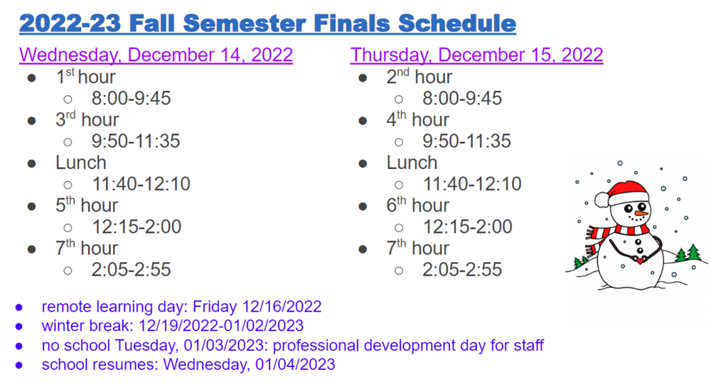 Fall Semester Finals Schedule Oologah High School